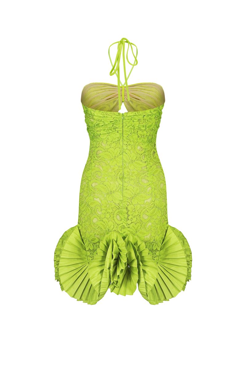 LIME MINI DRESS WITH PLEATED DECOR - CULT MIA