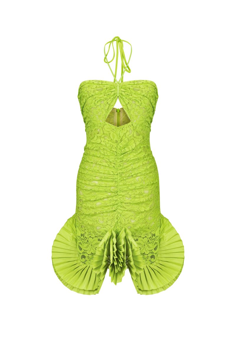 LIME MINI DRESS WITH PLEATED DECOR - CULT MIA