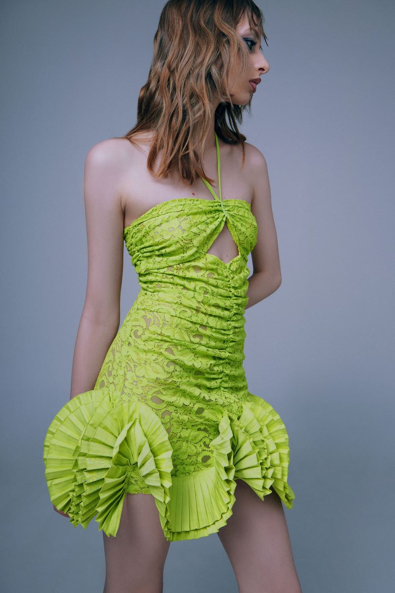 LIME MINI DRESS WITH PLEATED DECOR - CULT MIA