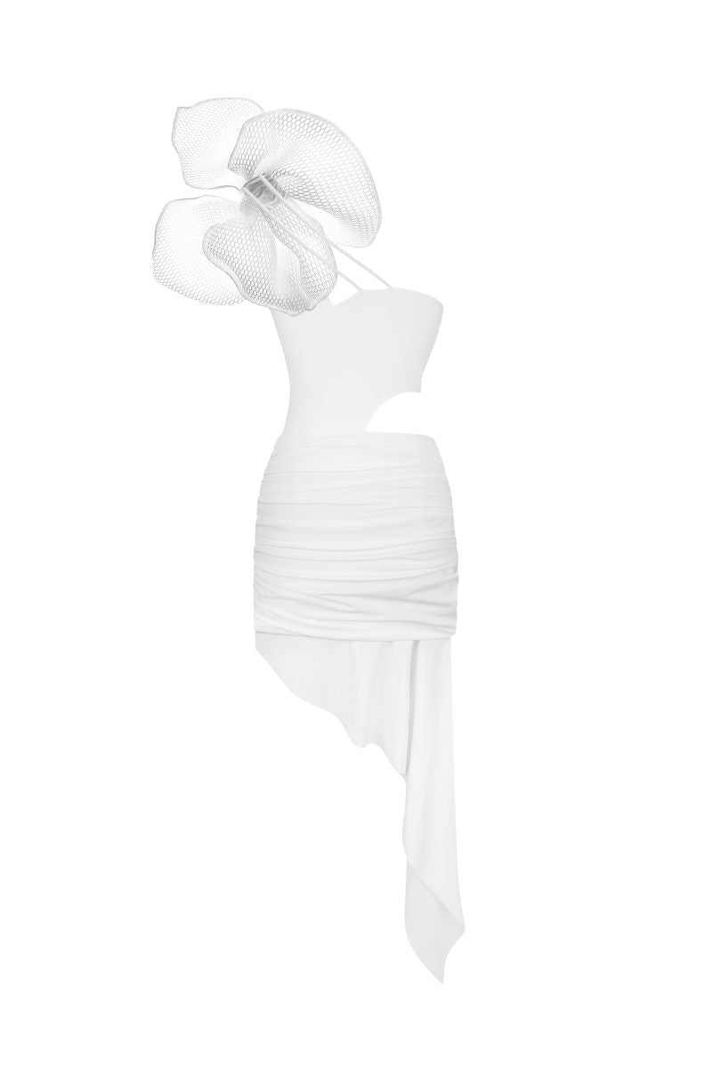 WHITE CUT-OUT MIDI DRESS WITH MESH 3D FLOWER - CULT MIA