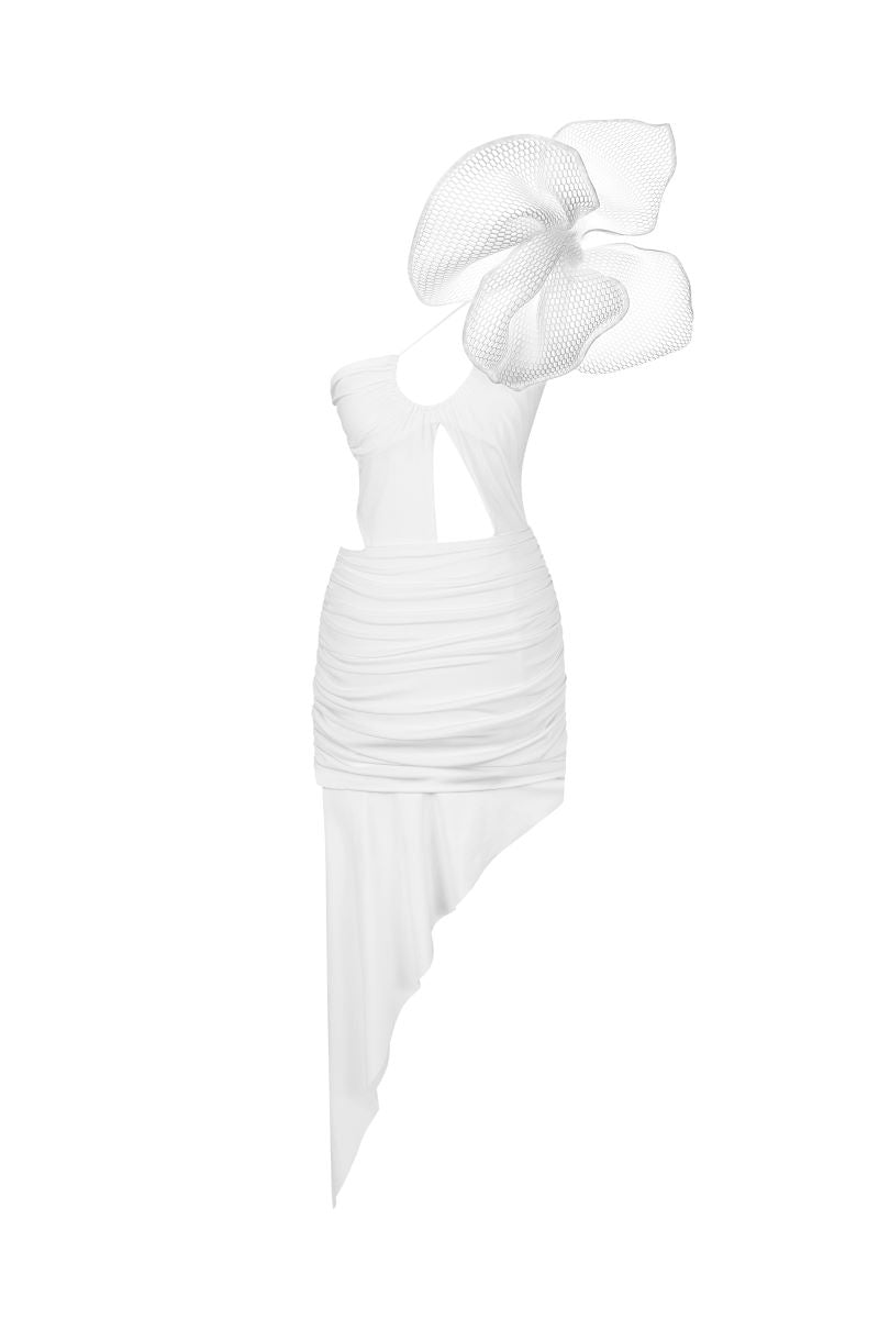 WHITE CUT-OUT MIDI DRESS WITH MESH 3D FLOWER - CULT MIA