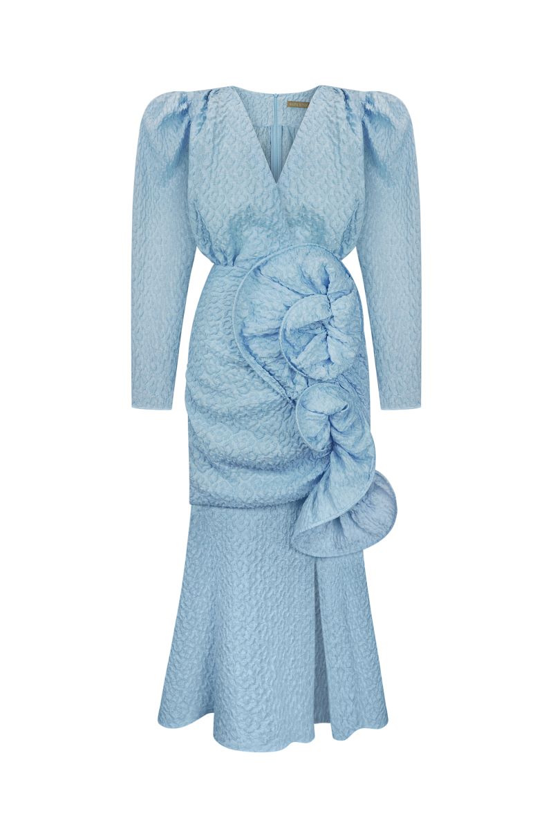 BLUE MIDI DRESS WITH PUFFED SLEEVES AND DECOR - CULT MIA