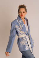 Nadya Shah Nyla powder blue belted jacket with long sleeves and front pockets, stylish outerwear for women.