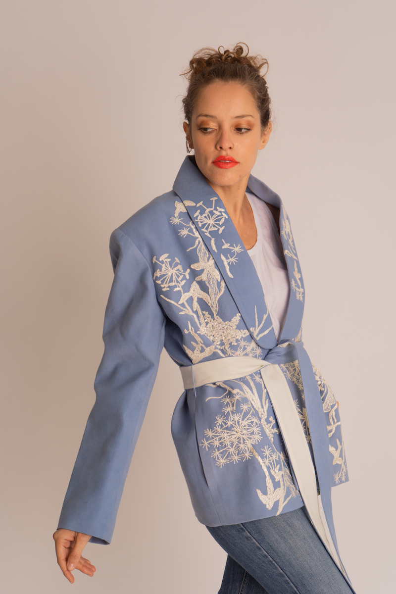 Nadya Shah Nyla powder blue belted jacket with long sleeves and front pockets, stylish outerwear for women.