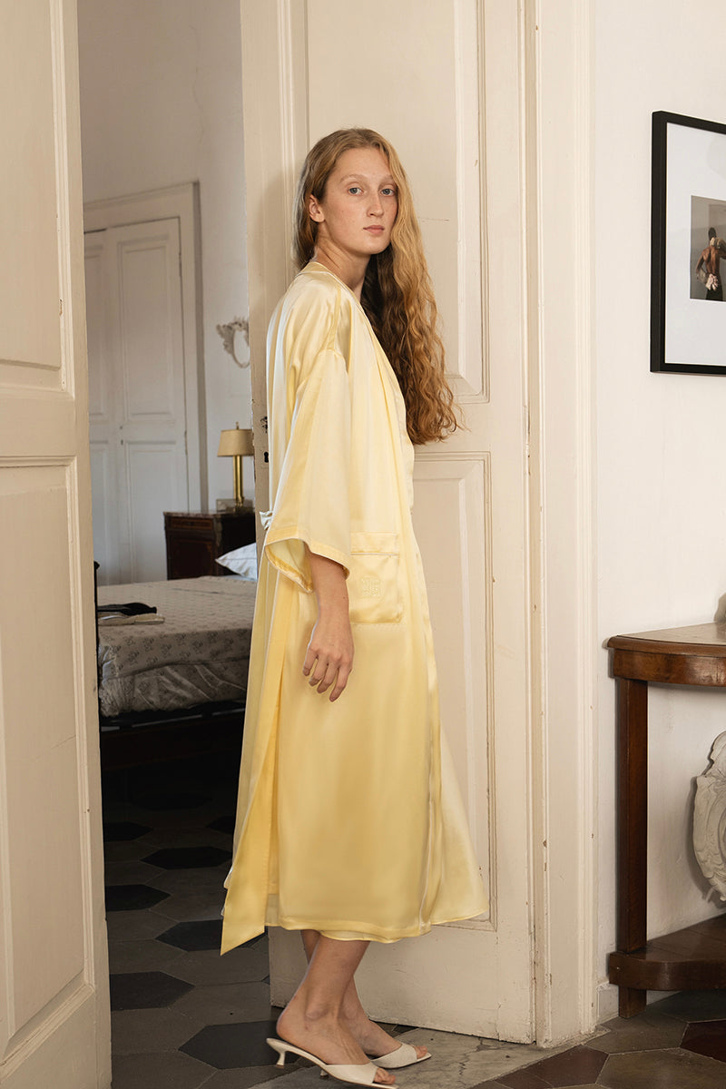 TIMELESS COLLECTION SILK ROBE IN BUTTER YELLOW | CULT MIA | Not Just Pajama TIMELESS COLLECTION SILK ROBE IN BUTTER YELLOW | CULT MIA | Not Just Pajama