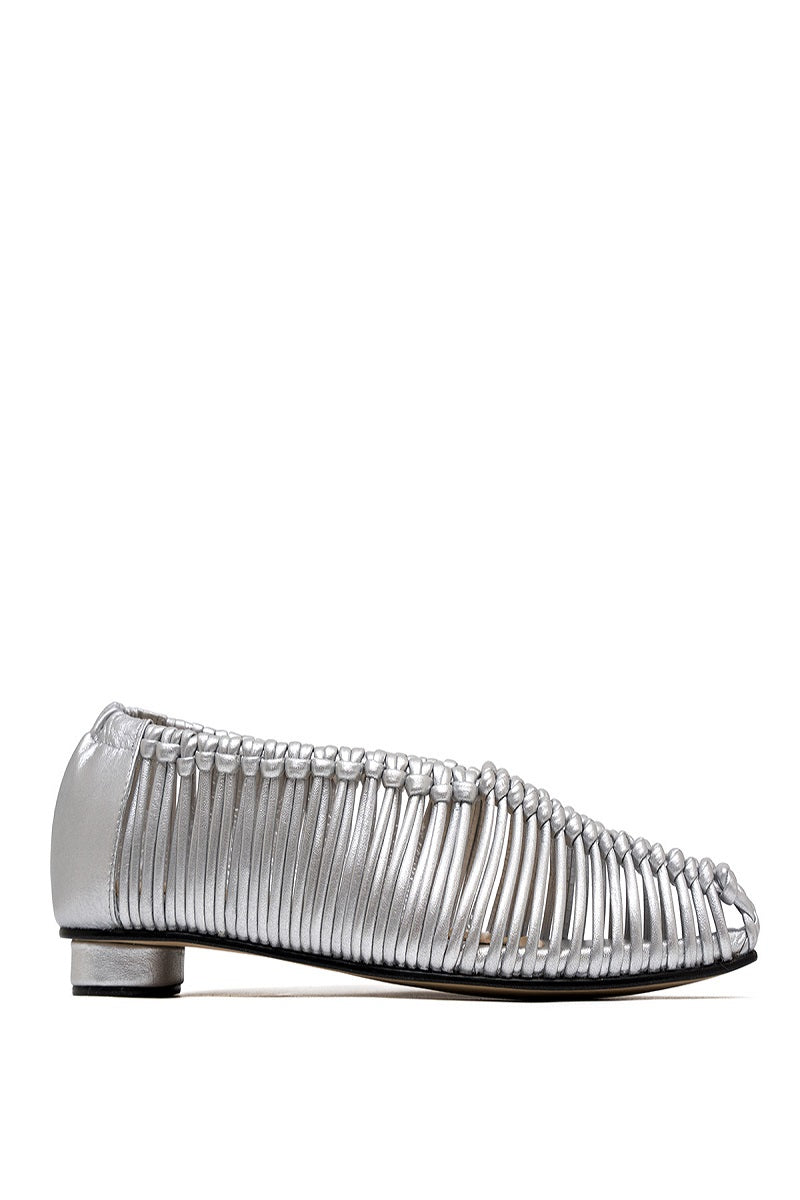 Alt text: Silver ALTA Simone craft flats with pointed toes and textured surface, stylish and comfortable for everyday wear.