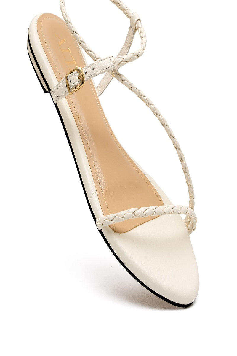 ALTA GAIA off white sandals with open toe and ankle strap, stylish summer footwear for women.