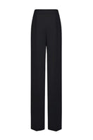 Black LEKIEU Kenya pants displayed on a hanger, showcasing their slim fit and stylish design.