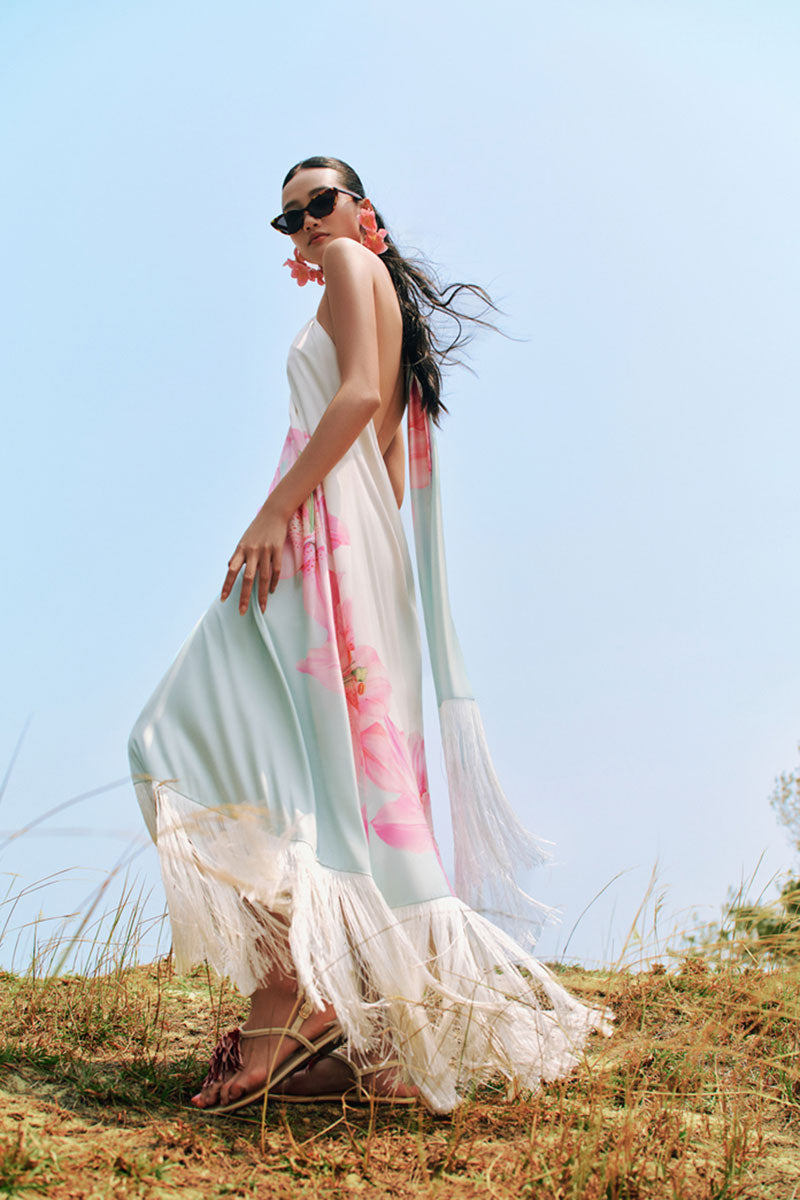 Valenciani Riviera halter maxi dress in multicolor with flowing fabric and stylish design, perfect for summer or casual wear.