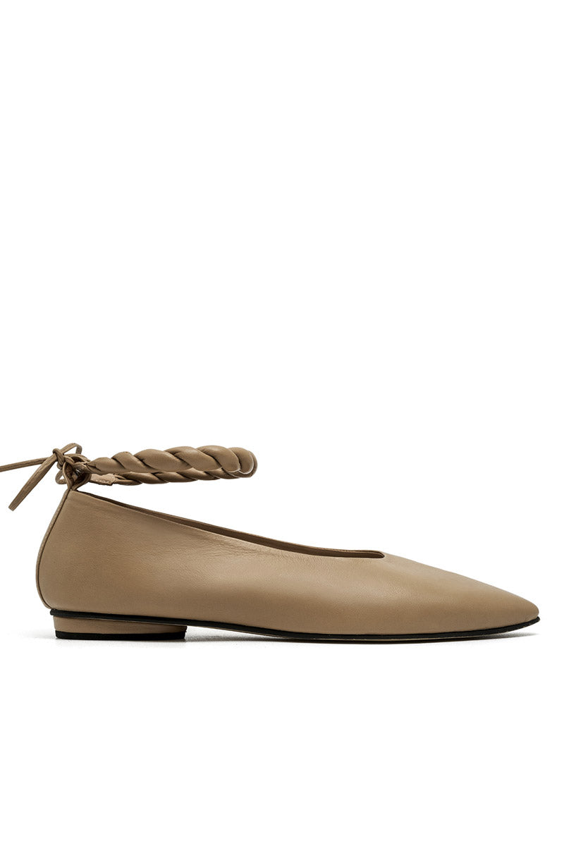 Alta Aria Almond Flats featuring tan almond-colored leather upper and comfortable slip-on design.