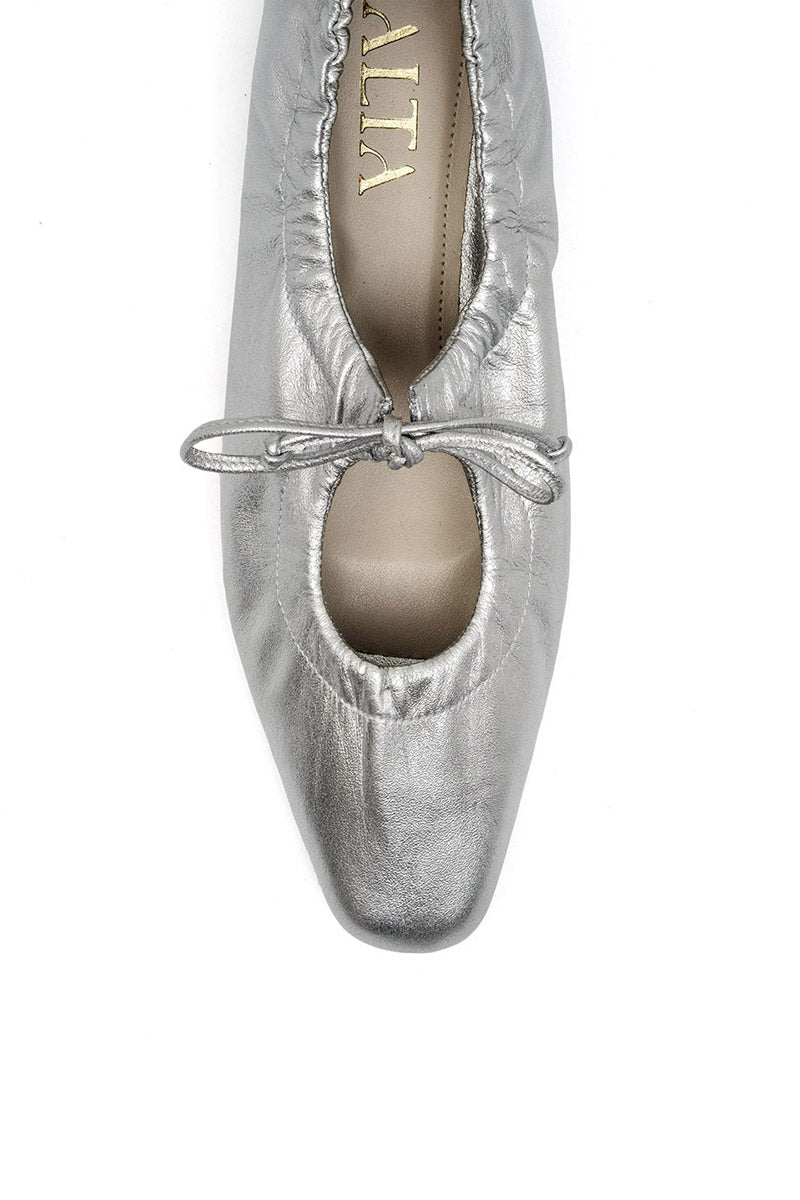 Silver ALTA GEMMA flats with rounded toe and sleek design, perfect for casual or dressy outfits.