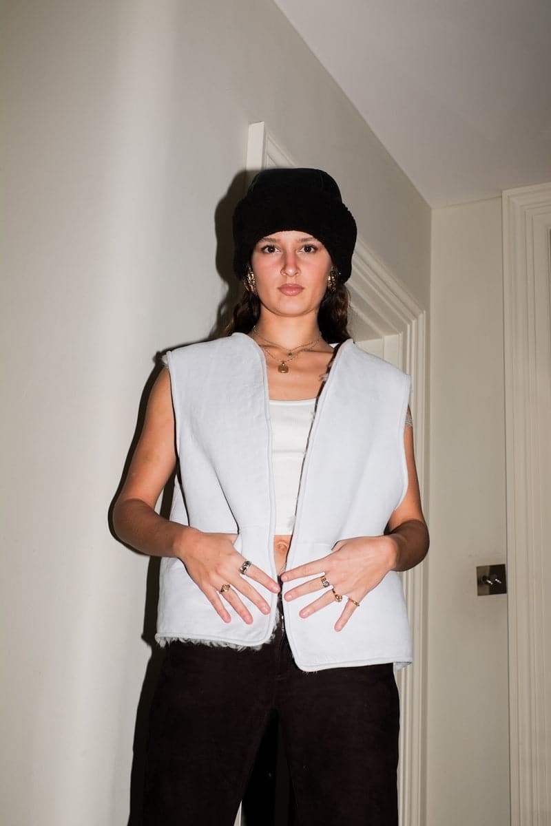 Verheyen Zina biker shearling hat with a cozy, textured shearling exterior and stylish design, perfect for cold weather.