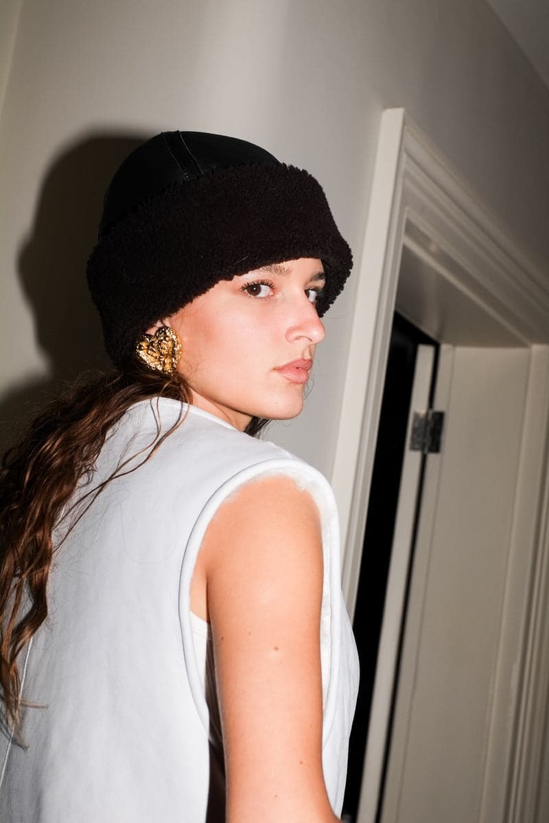 Verheyen Zina biker shearling hat with a cozy, textured shearling exterior and stylish design for cold weather.