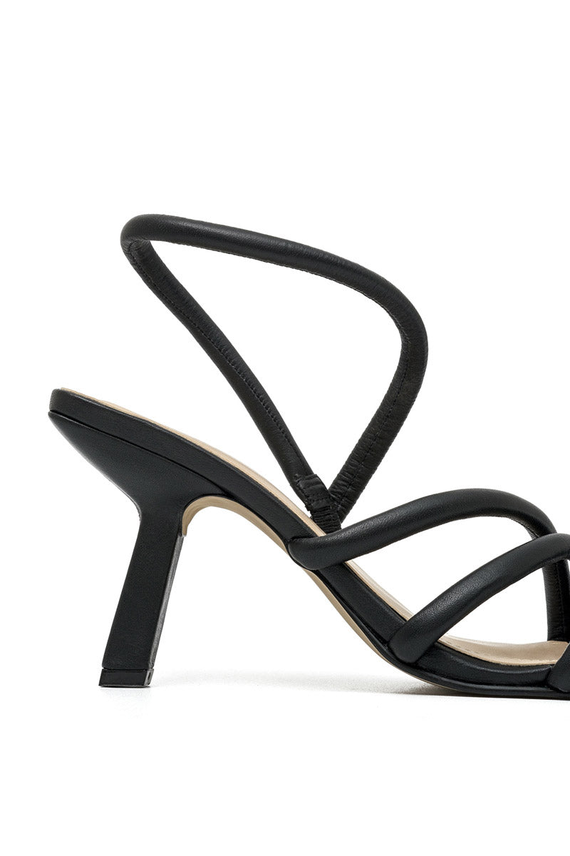 Black ALTA Ophelinna sandals featuring stylish open-toe heels with ankle straps and a sleek design.