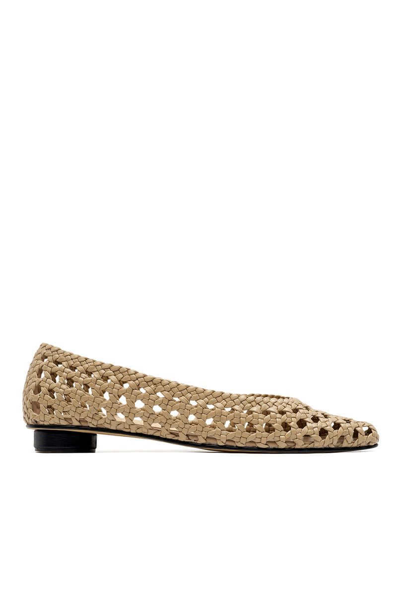 ALTA ADDA CRAFT Almond Flats showing beige fabric upper with almond-shaped toe and flat sole, casual footwear for women.