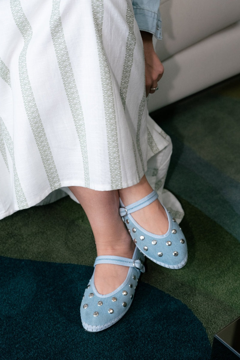 Flabelus Mae Silver Light Denim Flats with pointed toe and flat sole, stylish casual footwear for women.