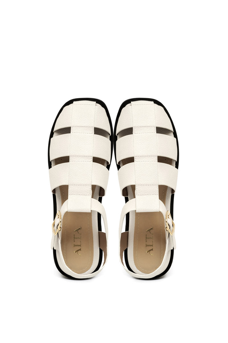 ALTA Cecilia off-white sandals with open toe and ankle straps, stylish summer footwear on a neutral background.