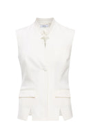 SÉLONE LORA tailored white vest displayed on a hanger, featuring a sleek fit and minimalist design.