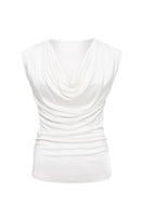Sélone Ylune Liquid Drape Top in soft ivory, featuring flowing fabric and elegant drape design, worn as stylish women's top.