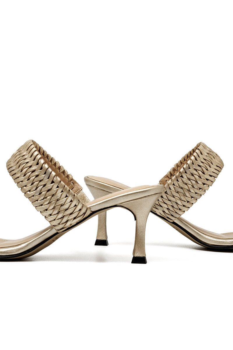 Alta ETTA CRAFT gold sandal heels with strappy design and block heels, shown on a neutral background.