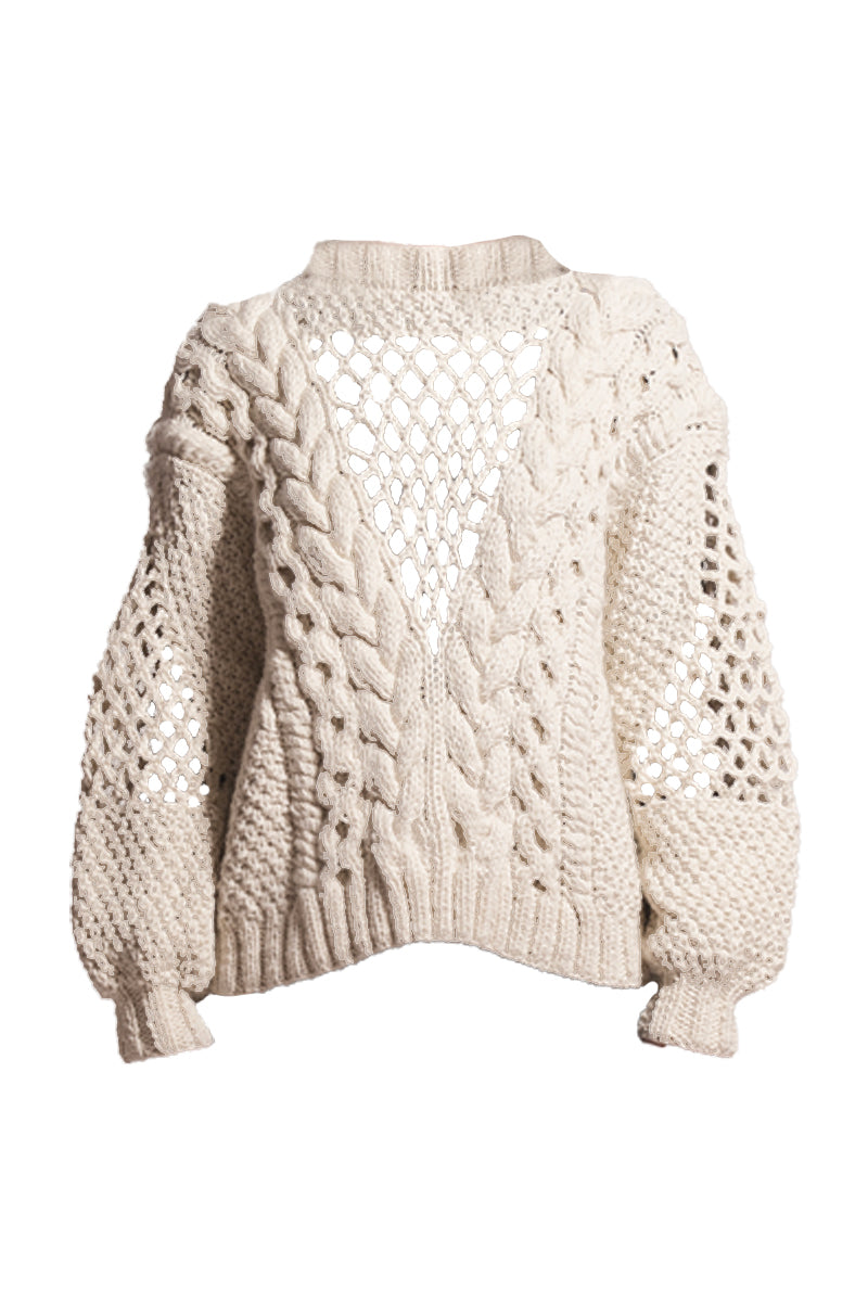 First Born Knits DAFNE knitted sweater in cozy, textured fabric, featuring a classic crew neck and ribbed cuffs and hem.