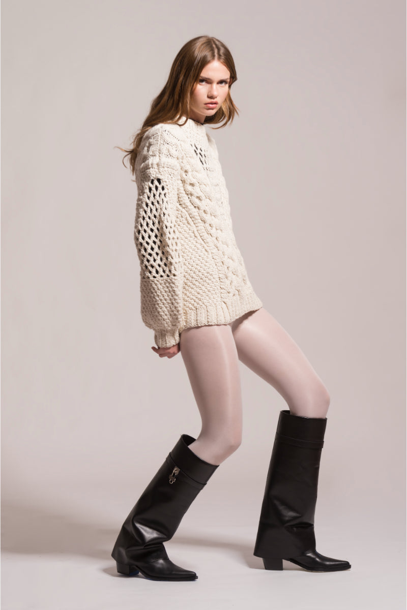 First Born Knits DAFNE knitted sweater in cozy, textured fabric, featuring a classic fit and ribbed cuffs.