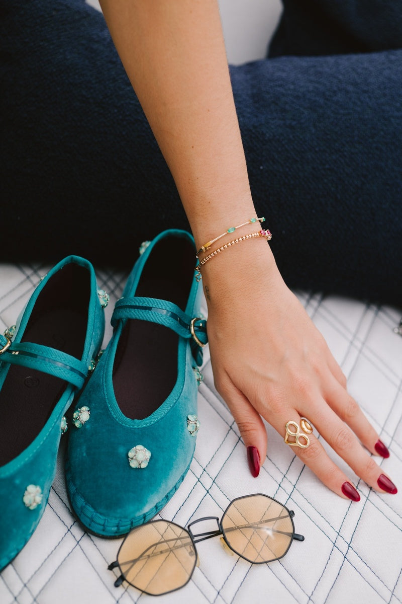 Flabelus Pierre Flowers green flats with floral pattern and pointed toe, stylish slip-on shoes for casual wear.