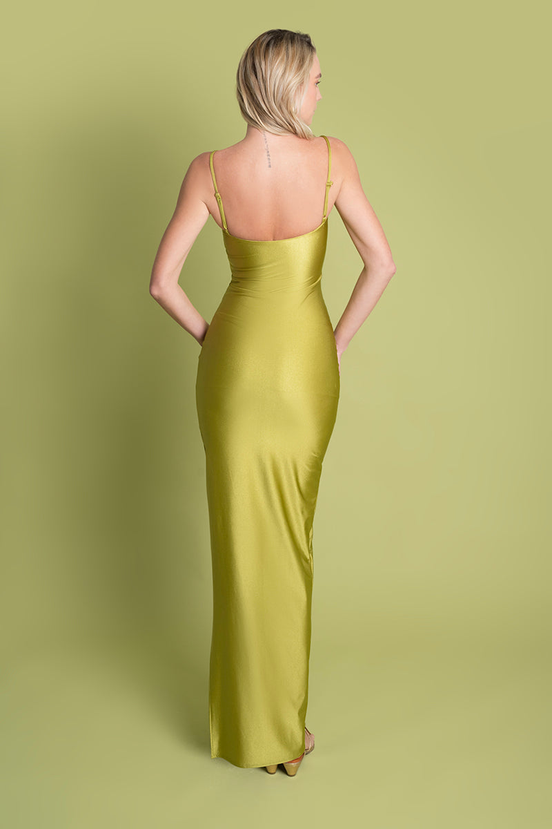 Laura Escobar pistachio maxi dress with flowing fabric and elegant design, perfect for summer occasions.
