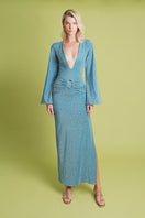 Blue Centella maxi dress by Laura Escobar, flowing fabric, V-neckline, and elegant design perfect for summer wear.