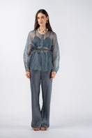 Mastani ASIN organza top and Kaia silk pant co-ord set, featuring a flowy organza top and smooth silk pants, styled for elegant wear.