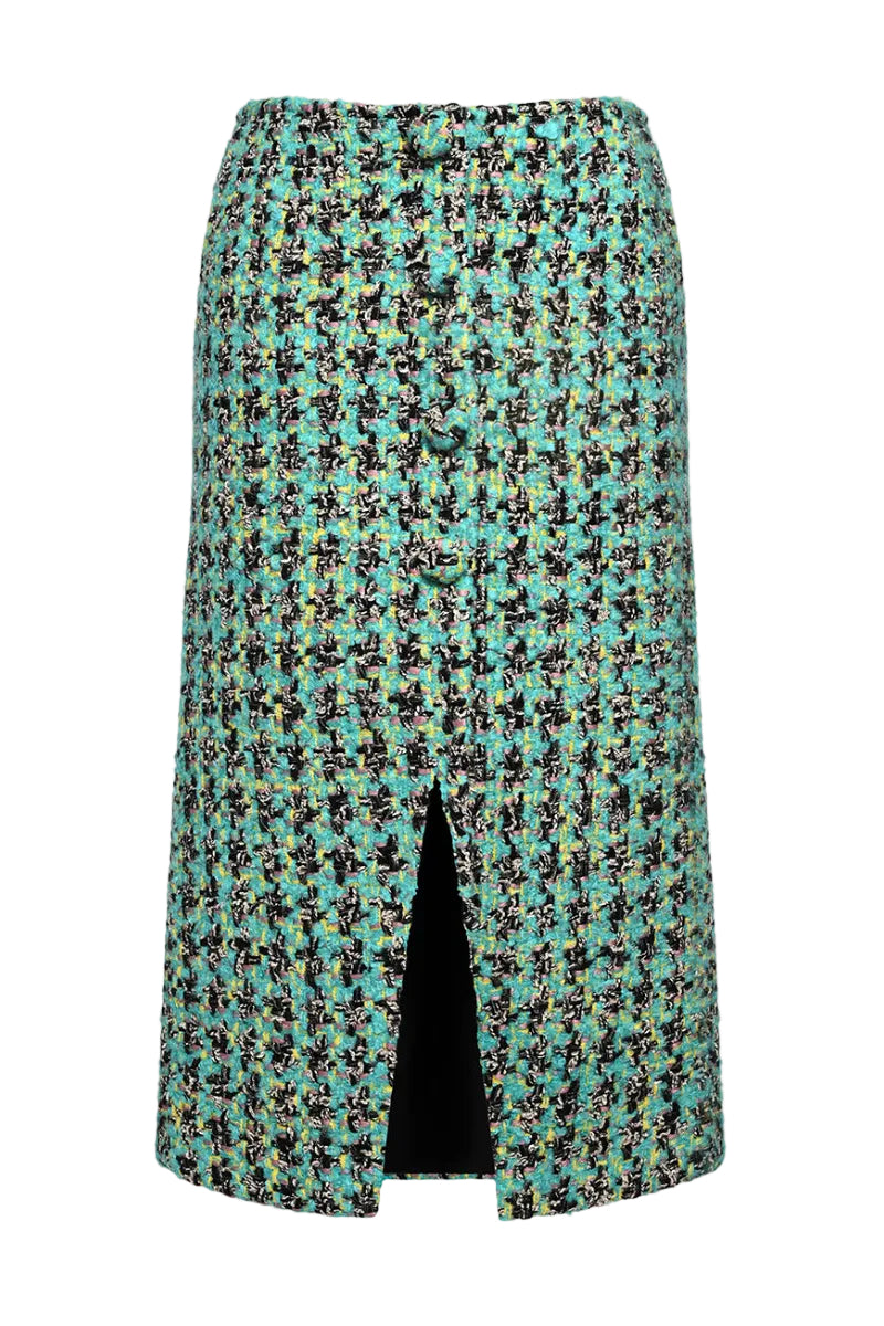 Lalo midi skirt with colorful buttons, fully lined, featuring a stylish flowy design and multicolor pattern.