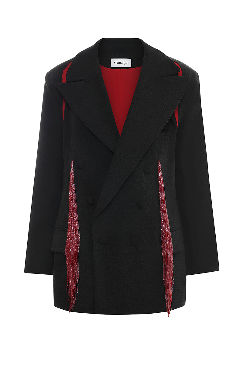 DENIM DOUBLE BREASTED BLAZER WITH BEADED FRINGE - CULT MIA