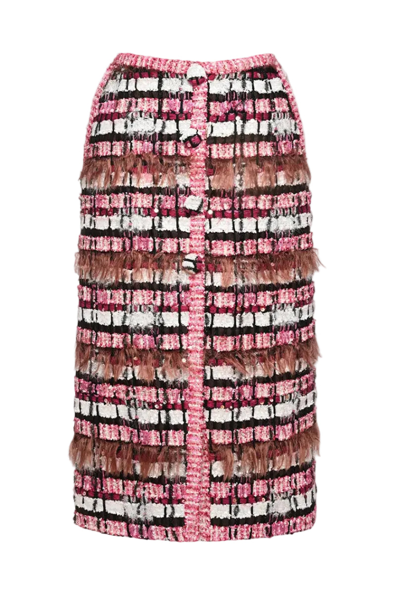 Lalo midi skirt with embroidered mesh fabric, showcasing intricate embroidery and lightweight mesh material for a stylish look.