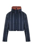 Gvasalia two-tone puffer coat with double collar detail, stylish winter outerwear, shown in a close-up image.