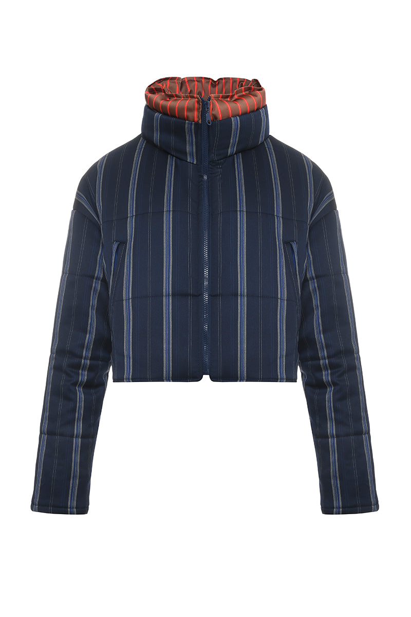 Gvasalia two-tone puffer coat with double collar detail, stylish winter outerwear, shown in a close-up image.