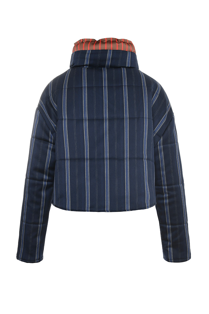 Gvasalia two-tone puffer coat with double collar detail, showcasing its stylish design and warm, padded construction.