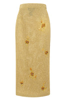 Lalo gold knitted maxi skirt with embroidered detailing, flowing design and intricate embroidery, perfect for elegant casual wear.