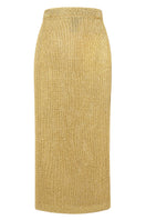 Lalo gold knitted maxi skirt with embroidered detailing, flowing fabric and elegant design, perfect for stylish everyday wear.