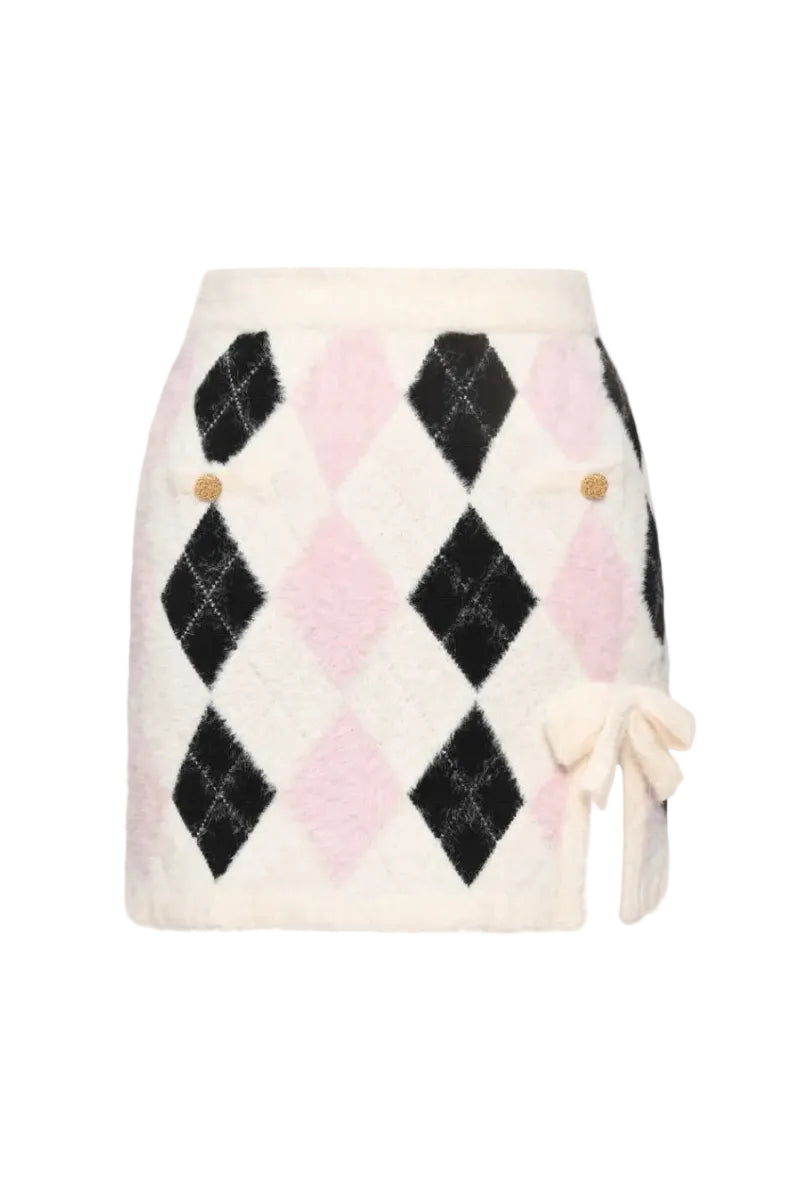 Lalo mini skirt with high-waisted, multicolor knitted texture, featuring a fitted silhouette and stylish design