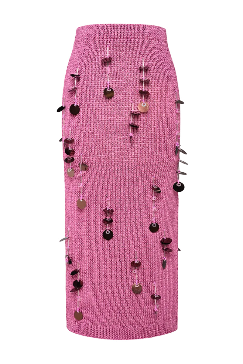 Soft knitted maxi skirt by Lalo featuring multicolor embroidery details, flowing design, and a comfortable, elegant fit.