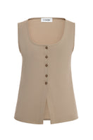 Gvasalia classic silhouette vest with buttons, tailored fit, made of smooth fabric, displayed on a hanger.