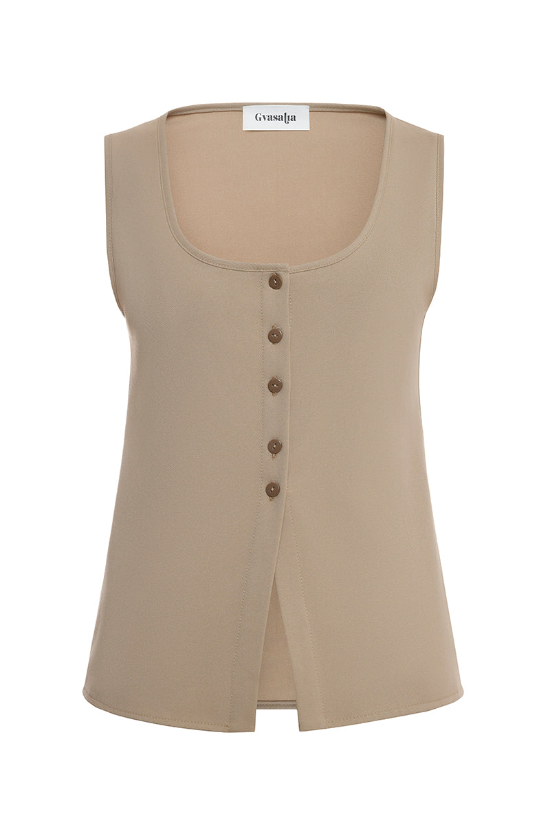 Gvasalia classic silhouette vest with buttons, tailored fit, made of smooth fabric, displayed on a hanger.