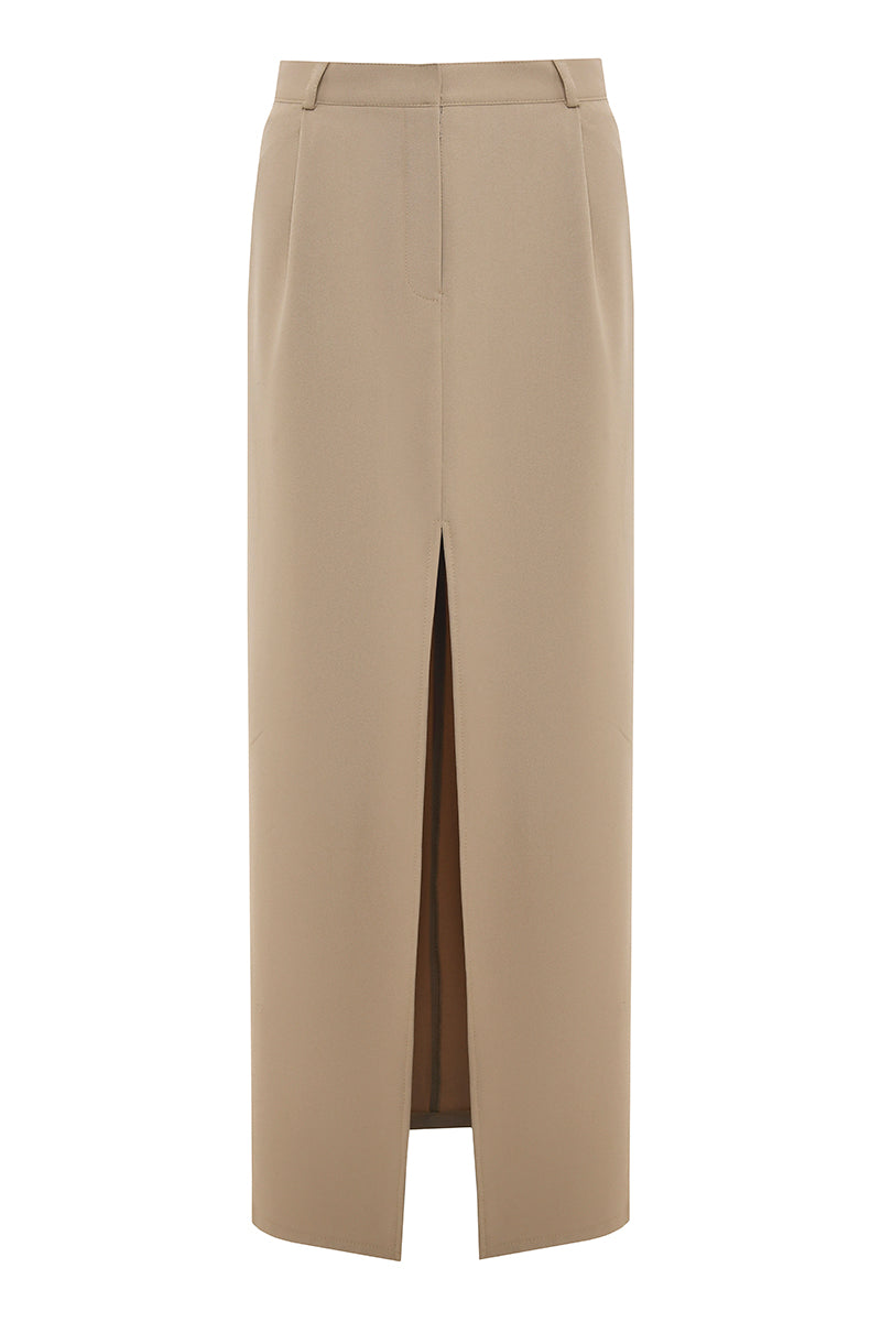 Gvasalia classic style maxi skirt with open front and edges, flowing fabric and elegant design.