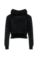 Lalo oversized black knitted sweater with soft ribbed texture, cozy and relaxed fit, displayed on a hanger.