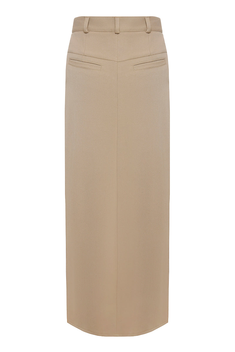 Gvasalia classic style maxi skirt with open front and edges, flowing fabric and elegant design, suitable for casual or formal wear.