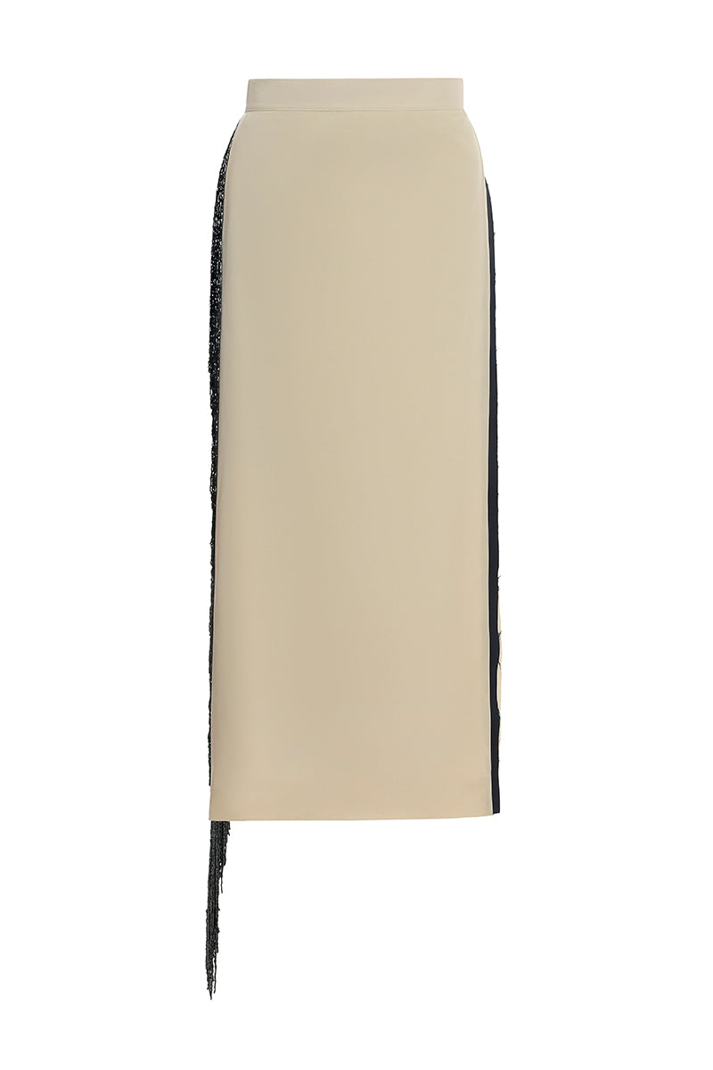 Gvasalia double-breasted midi skirt with beaded fringe detailing, showcasing intricate beaded embellishments and stylish design.