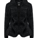 Black soft knitted oversized cardigan by Lalo, shown hanging on a wooden hanger with a relaxed fit and cozy texture.
