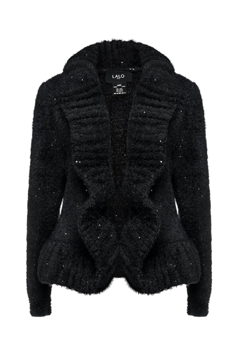 Black soft knitted oversized cardigan by Lalo, shown hanging on a wooden hanger with a relaxed fit and cozy texture.