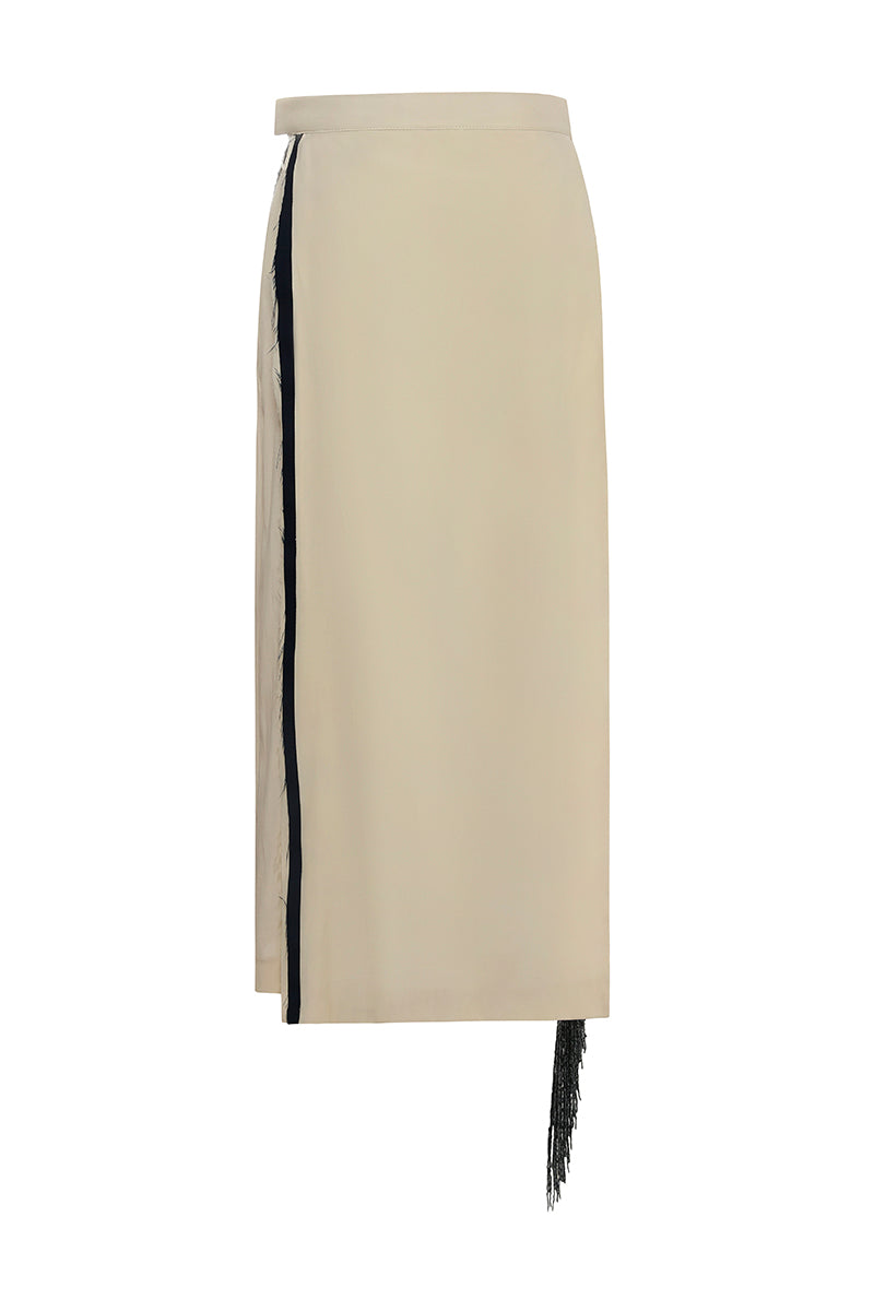 Gvasalia double-breasted midi skirt with beaded fringe, featuring a tailored fit and decorative beaded details.