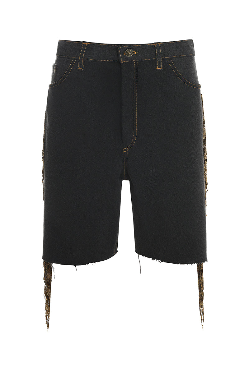Gvasalia denim shorts with beaded fringe, stylish casual shorts featuring beaded accents and frayed edges on a white background.